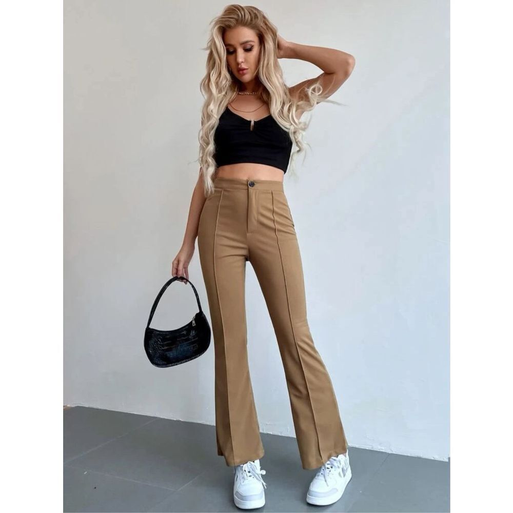 SHEIN Medium Light Brown Front Seam Detail Pants Slacks High Stretch